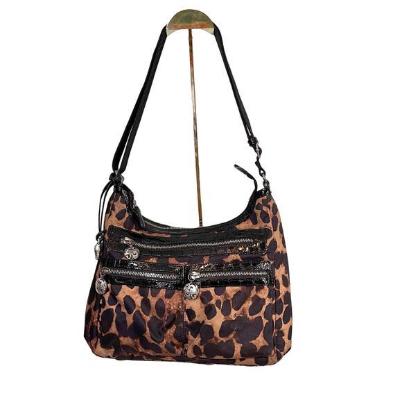 Brighton Shoulder Hobo Bag Womens Brown Patent Leather Animal Leopard Handbag